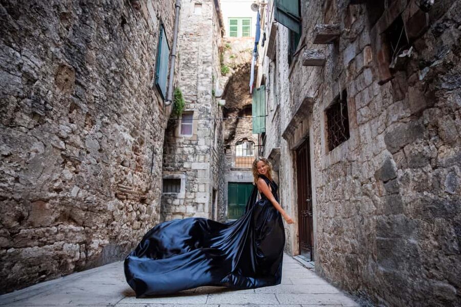 Private Flying Dress Photo Session in Split, Croatia - Best Split locations: Diocletian’s Palace zone, Sustipan Park, and Kasjuni beach
